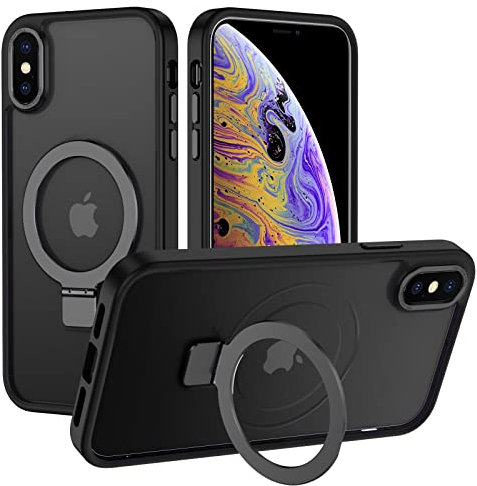 XTCASE Hülle für iPhone X/XS kompatibel mit Magsafe, Matt Handyhülle für iPhone XS/iPhone X mit Magnet Ständer Durchscheinende Kratzfeste PC Rückseite + TPU Bumper - Schwarz