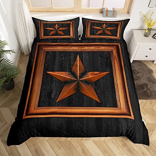 richhome Western Texas Star Bettbezug Set 135x200,Vintage Holz Tür Kabine Bettwäsche Set, Cowboy rustikale Tröster Abdeckung, schwarz braun Retro Quilt Cover, 1 Kissenbezug