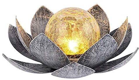 Dimweca Lampe Solaire Lotus - 28x28x12cm Fleur Lotus Avec Globe En Verre Craquelé | Lumières Décoratives Imperméables Pelouse LED D'IP44 Pour Le Décor D'arrière-cour Cour Jardin