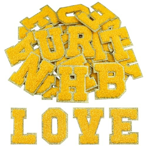 Morcheiong 26Pcs Self Adhesive Chenille Letter Patches A to Z, Chenille Letters for DIY Clothing, Fabric, Shoes, Bags (Yellow)