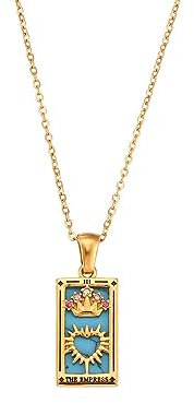 JT2D Colorful Tarot Cards Symbolic Necklaces, Sun and Moon Pendant,18k Gold Plated Stainless Steel Square Colorful Enamel Tarot Cards Pendant Necklace Jewelry for Women Men (The Empress)