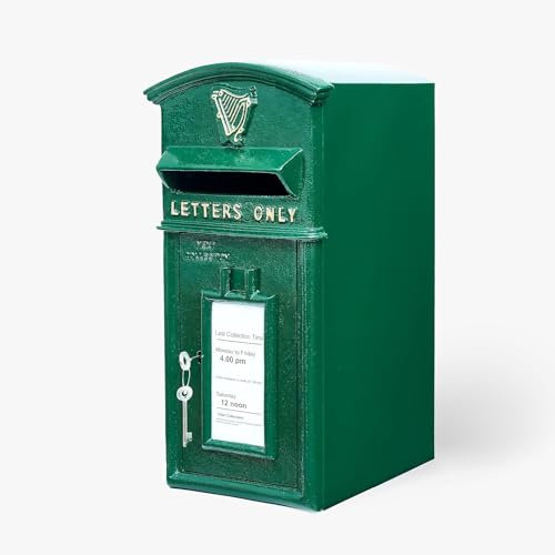 Assorted Collections Traditional Irish Green Shamrock Post Box with Lock - Wall Mount/Pillar Mount Letterbox – Lockable Cast Iron Postage Box (24 x 31 x 57 cm, 18kg)