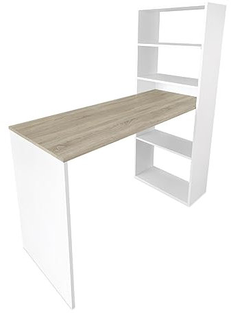 Somnia Descanso - Mesa de Escritorio con Estantería, Mesas para Ordenador, Acabado en Blanco-Cambria, Práctica y Funcional, Medidas: 122 cm (Ancho) x 53,2 cm (Fondo) x 140 cm (Alto)