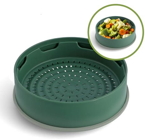 GreenPan Steamy 2-in-1 Dampfkorb und Sieb aus Antihaft-Silikon Ø 24 cm, Ohne PFAS, Stapelbar, Gesunde Küche, Gemüse, Reis, Fleisch, Fisch, Teigtaschen, Spülmaschinenfest, Grün