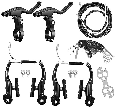 Hmfmdy Bike Brakes Set, Complete Brake kit for Most Bicycles Mountain Bike, Front and Rear Bike MTB Hybrid Brake, Callipers Cables Lever Kit, Multi-Tool Wrenches - Black