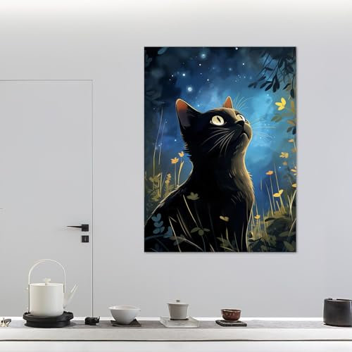 HNKDKJ Schwarze Katzenbilder Wandkunst schwarze Katze Poster grün abstrakte Bauernhaus-Galerie ästhetische Raumwanddekoration für Schlafzimmer gerahmt 20x30cm/8x12 Zoll–Innenrahmen