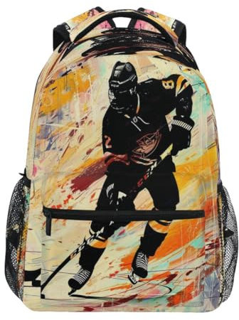 Mnsruu Sac à dos de peinture à l'huile de joueur de hockey sur glace, sac d'école, sac à bandoulière pour étudiants, garçons et filles, multicolore, L