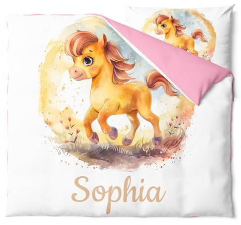 Pictogogo Wasserfarben Pferd-Design Babybettwäsche, Personalisiert, Wählbare Unterfarbe (Weiß, Rosa, Blau, Grau), Oeko-TEX, 80 x 80 cm