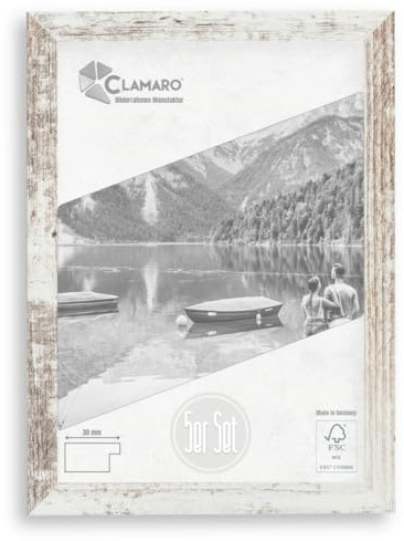 CLAMARO 'COLLAGE' - Set di 5 cornici portafoto DIN A5 (14,8 x 21), realizzate a mano su misura, colore bianco vintage | moderno legno MDF quadrato set da 5 cornici con vetro acrilico, parete