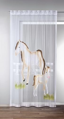 KAMACA Gardine mit verdeckten Schlaufen und Gardineneband Kinderzimmer Voile Weiss transparent Fertiggardine mit wundervollem Motiv Kindergardine HxB 245 x 140 cm (Pferde)