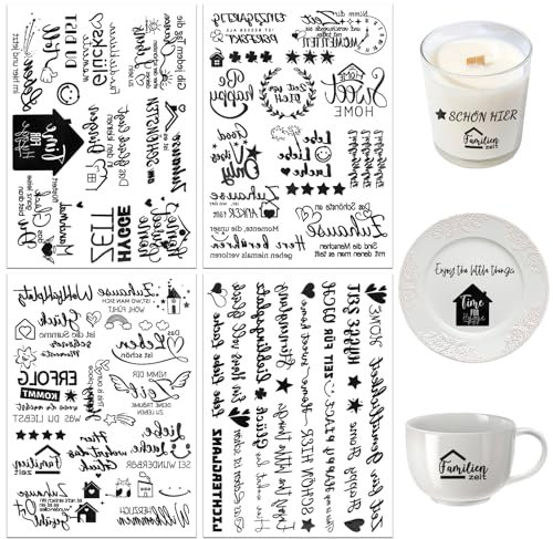 Rub On Sticker ca.A5 19x14cm, Groß Transfers Sprüche für Glas Holz DIY Deko, Rub On Folie Aufkleber für Home - 4Pcs