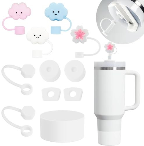 Frundoo Stanley Cup Accesorios Traje Incluye 6 Tapas de Pajitas de Silicona, 2 Tapones para Pajitas, 2 Tapones Redondos y 1 Funda de Silicona para Vasos Stanley de 1,2 L y 850 ml(Productos patentados)