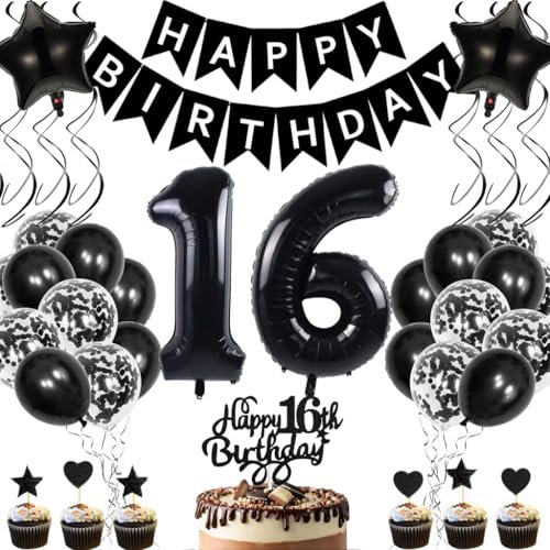Anlgdi Geburtstagsdeko 16 Jahre Mädchen Junge, Luftballons 16. Geburtstag Dekoration, Schwarz Tortendeko Geburtstags 16 Jahre Mädchen, Folienballon Zahl 16 Schwarz, Deko 16. Geburtstag Junge