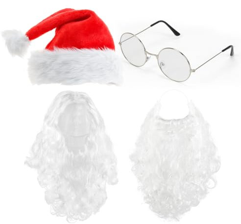 Aurasky Weihnachtsmann Bart + Perücke + Mütze + Brille, Weihnachtsmann Kostüm, Nikolaus Santa Claus Kostüm, Weihnachtskostüm Nikolauskostüm