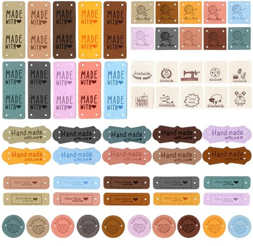 120 Stück Handmade Labels, Handmade Leather Labels Made of Suede with Holes Embellishment Knitting for DIY Jeans Bags Hat Craft Knitting Crochet (6 Stile, 20 Stück für jeden Stile)