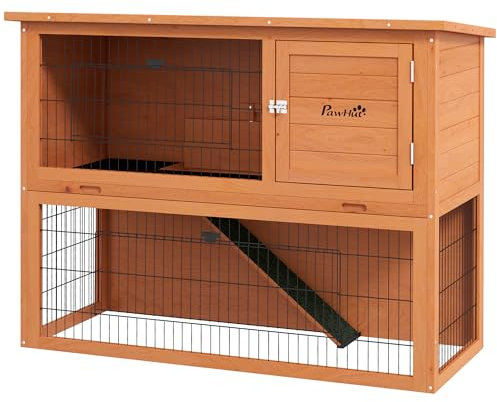 PawHut Conigliera da Esterno in Legno con Area Recintata, Casetta per Conigli a 2 Livelli per 1-2 conigli, 120x50x92 cm, Arancione