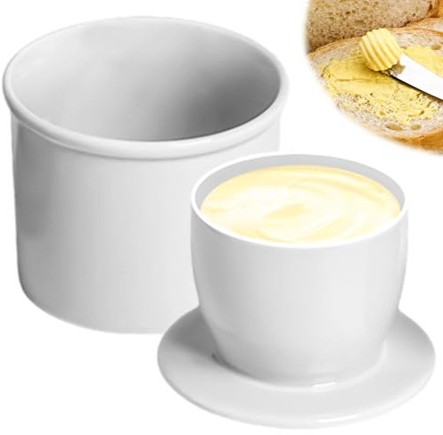 Französische Butterdose, Butterdose Wassergekühlt mit Rund Deckel, Butterdose Französisch mit Wasserlinie, Keramik Butterglocke Butter Glocke, Keramische Butterglocke für Streichfähige Butter, Weiß