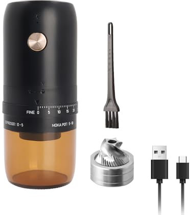 ELMWAY Electric Burr Coffee Grinder – Rechargeable & Portable, Stainless Steel Conical Burr, One-Touch Grinding with Auto Stop, External Adjustable Settings, Perfect for Single Servings – Black