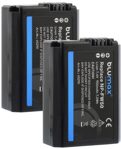 2X blumax Akku Ersatz für Sony NP-FW50 |- 950mAh -| Sony Alpha 7 7II 7R 7S II 6300 6500 // NEX-6 NEX-7 NEX-F3 // CyberShot DSC RX10 IV // ZV-E10