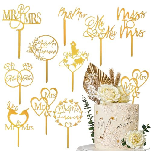 Yuanchu Tortenaufsätze Mr und Mrs aus goldfarbenem Acryl, für Verlobung, Brautparty, Hochzeitstag, 10 Stück