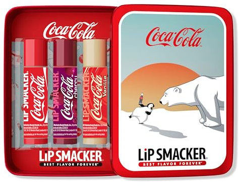 Lip Smacker Lip Balm Tin Trio, 3-teiliges Geschenkset für Kinder, Coca Cola Edition, mit Rizinusöl, Feuchtigkeitsspendend und Leicht Aufzutragen, Coca Cola