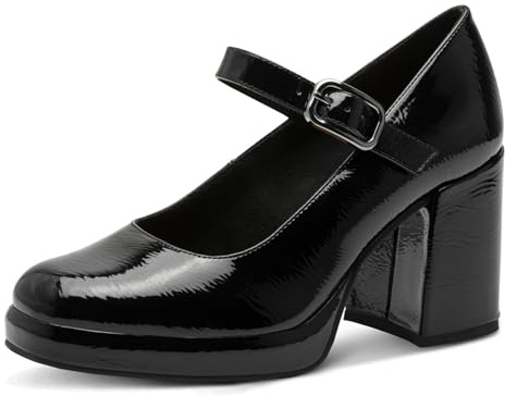 MARCO TOZZI Damen Pumps mit Riemen Elegant Blockabsatz, Schwarz (Black Patent), 36 EU