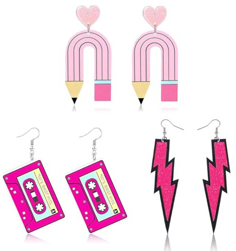 IKOPFLN 3 Paar Retro Neon Lightning Ohrringe - Acryl, Edelstahl - Blitzbolzen, Bleistift & Klebeband Design - Unisex - Perfekt für Partys, Alltag & Geschenke