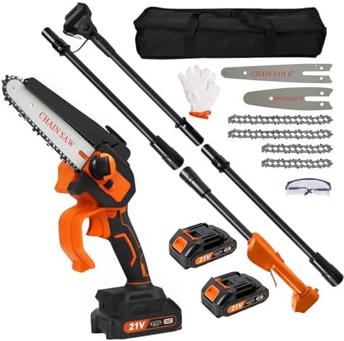 Cordless Pole Saw, 2 in 1 High Branch Saw & Mini Handheld Chainsaw Detachable Electric Extension Pole Chainsaw for Garden Tree Trimming Branch Cutting, 4&6 Inch Chainsaw