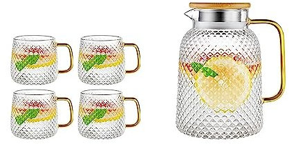 CFY652 Water Pitcher Glass Water Pitcher with Filter Turkish Jug Stainless Steel Cold Water Jug Crystal Cups Kettle for Home Leonodesa with Tap Water Jug(1.8L)