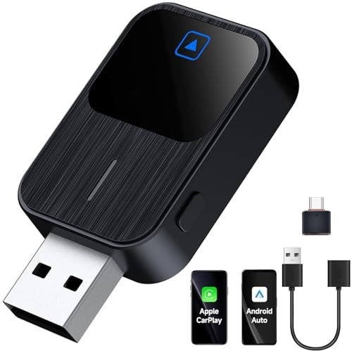 Adaptador inalámbrico CarPlay 2 en 1 y Android Auto, nueva función de botón para cambiar rápidamente teléfonos, conexión automática, USB A/tipo C Plug and Play, compatible con iOS 10+ y Android 11+