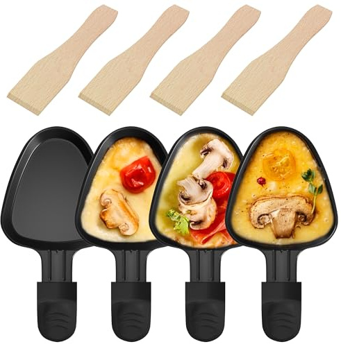 ipow Lot de 4 Poelon Raclette Triangulaire à Revêtement Anti-adhésif,Coupelle Raclette Barbecue Triangle avec Poignée Isolée pour Fromage Fondu Oeuf Frit,Accessoires avec 4 Pcs Pelles en Bois