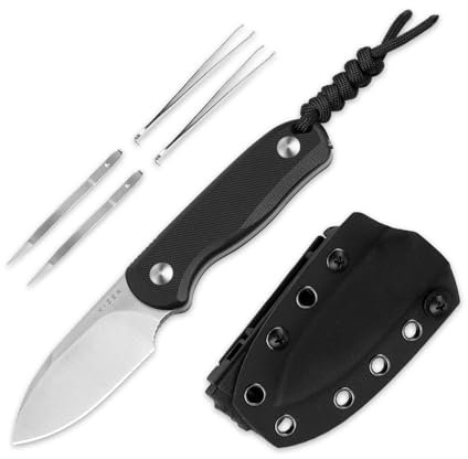 Kizer Drop Bear Fix Cuchillo de Camping, Cuchillo con Hoja Satín D2 de 2,57 y Mango G10 Negro, Cuchillos de Supervivencia y Caza para Exteriores con Espiga Completa y Funda Kydex Ajustable, 1094M2