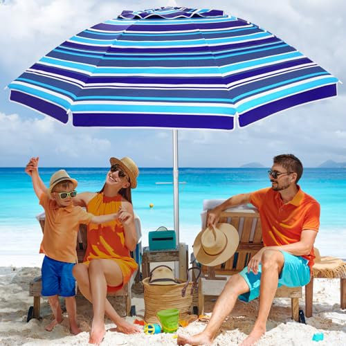 HEALLILY Sonnenschirm Strand, 200 cm Strandschirm, UV Schutz 80+ Sonnenschutz Balkon, Windfest Beidseitig um 30° Knickbar Balkonschirm für Balkon, Garten, Terrasse, Strand