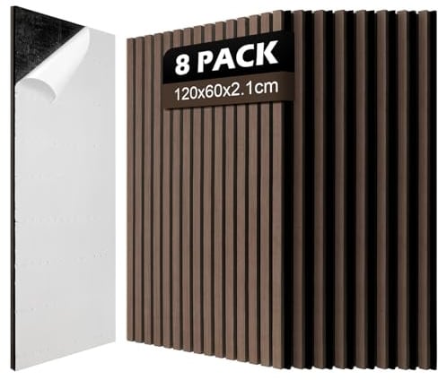 Jaxguom 8x Akustikpaneele Holz 120x60cm (5.76m²) Selbstklebend 3D Wandpaneele in Holzoptik für Schallschutz & Dekoration,Holzpaneele für Wohnzimmer,Büros,Studios,Zur Wandmontage,Walnuss