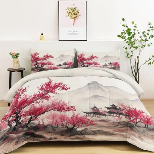 Traditionell Orientalisch Berge Bäume Bettdecke Bettwäsche 135 x 200 cm, Grau Weiche Bettwäsche Kinder Jungen Steppdecke Leichte Bettdecke - Warme Ganzjahresdecke Bügelfrei Decke für Bett