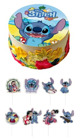 Dekozauber24 Disney Stitch Tortendeko Set, 20cm Tortenaufleger mit 16 Cupcake Topper, 8 Motive, Vegetarisch, Glutenfrei, Laktosefrei, Ohne Zuckerzusatz, für Kindergeburtstage