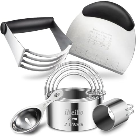iNeibo Professional Baking Tools Biscuit Cutter Set Dough Blender/Cutter Round Cookies Cutter with Handle + Pastry Scraper+Egg Separator Heavy Duty Baking Dough Tools Pastry Utensils for Cooking
