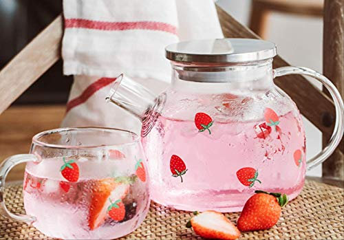 Tetera De Fresa Vaso De Agua Fría Resistente Al Calor Tetera A Prueba De Explosión De Alta Temperatura 1000 Ml + Vidrio De 2 Manijas