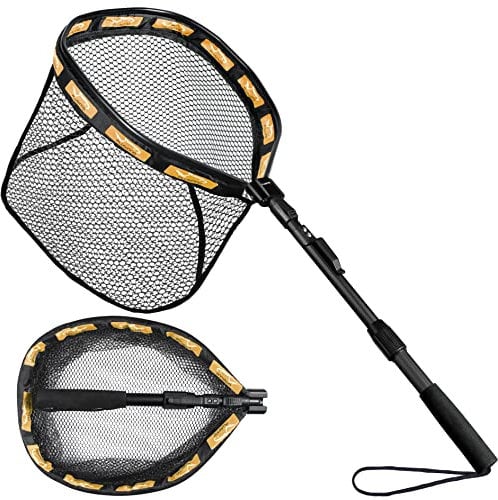 PLUSINNO Floating Fishing Net, Rubber Coated Fish net for Easy Catch and Release, Fishing Nets Freshwater for Bass, Trout, Walleye, Kayak, Folding Landing Net for Easy to Carry and Storage, Yellow