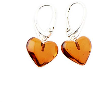TheNaturalAmber Cognac Baltic Amber Heart Drop Earrings for Women – Genuine Amber and 925 Sterling Silver Dangle Jewelry