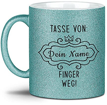 Glitzertasse - Tasse von XXX, Finger Weg! - mit Name Personalisieren - Geschenk für die Freundin, Frauen, Büro, Glitter - Hochwertige Keramik, 300 ml, Hellblau