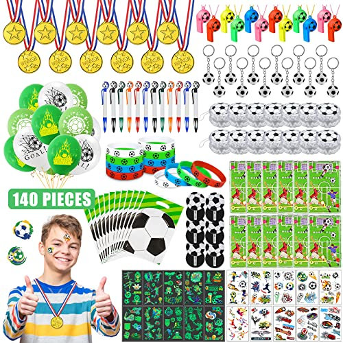 JOYBOY Football Pinata Anniversaire Garcon,140pcs Football Anniversaire Cadeau avec Ballon Football Porte Clés Medailles Bracelet en Silicone Sacs Cadeaux pour Enfant Pinata Party Faveurs