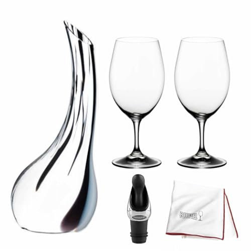 Riedel Dekanter Cornetto Single Fatto A Mano Bundle mit großem Mikrofaser-Poliertuch, Ouverture Magnum Weingläser (2er-Set) und Weinausgießer (4 Stück)