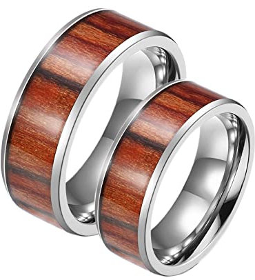 Aotiwe Partnerringe für Sie und Ihn, Ringe für Herren ausgefallen 8 mm Silber Ring Inlay Holz Edelstahl Größe Damen 57 (18.1) & Herren 62 (19.7)