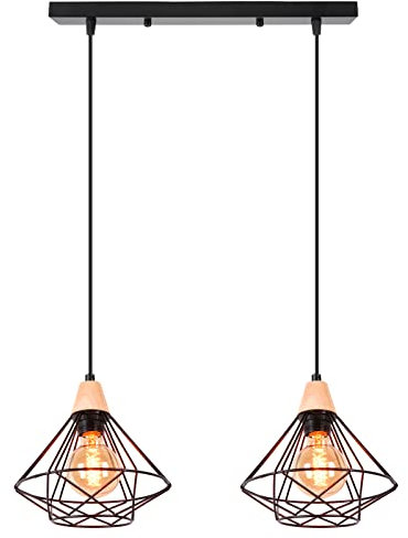iDEGU 2 Luces Lámpara Colgante Vintage 22cm Lámpara de Techo de Madera Metal Diseño de Jaula Creativo Pantalla Negro E27 Iluminación de Interior Luz Colgante para Comedor Salón (Araña 3 Luces, Barra)