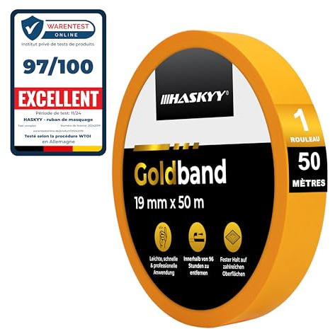 HASKYY Goldband Malerkrepp 19mm x 50m Kreppband Malerband - Auswahl an Größen - Profi Abdeckband Malertape Klebeband Washi Tape Gold Papiertape Selbstklebend