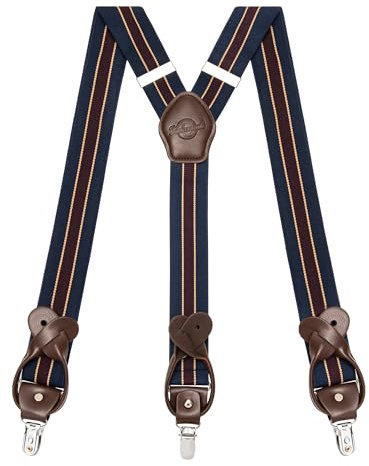 Kohentact Hosenträger Herren mit Clip- und Knopfbefestigung, inklusive 6 Knöpfe, 3,5 cm Breite Y-Form für Körpergrößen bis 200 cm Suspenders for Men 1 (Marineblau-Burgunderrot-Braun gestreift)