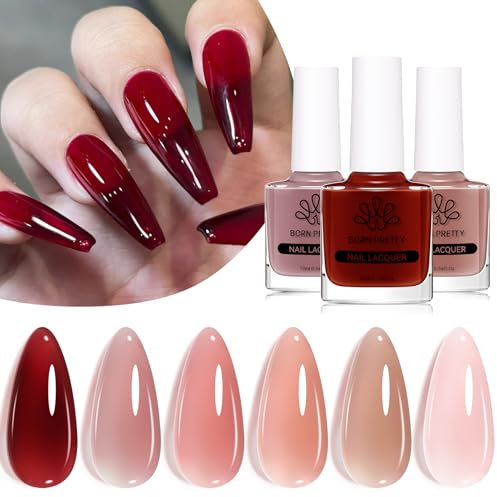 Born Pretty Nagellack Set Schnelltrocknend Jelly Sheer Nude - Nagellack Ohne UV Lampe Natürlich Rot Rosa Braun
