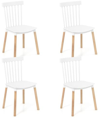 COSTWAY Esszimmerstühle 4er Set, Küchenstuhl mit Massivholzbeine & rutschfeste Fußpolster, Essstühle für Küche, Esszimmer, Wohnzimmer, Büro (Weiß)