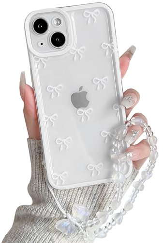 NITITOP Compatible with iPhone 13 Case Cute Clear White Durable Ribbon Bowknot Pattern for Girls Women with Chain Wrist Strap Soft TPU Transparent Shockproof Protective Phone Cover - White